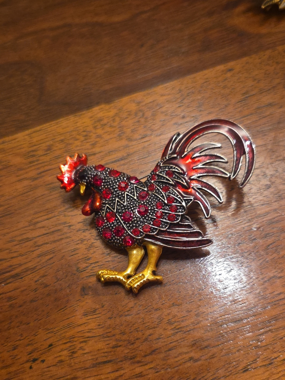 Embellished Rooster Brooch with Red Crystals Faux Diamonds Western Chicken